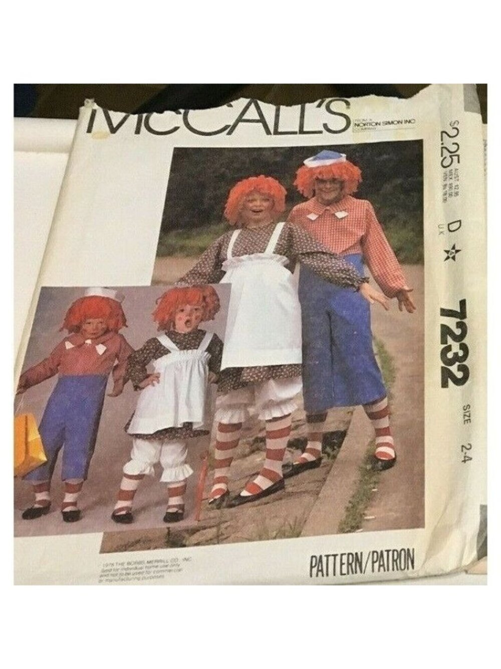 VTG Sewing Pattern McCalls 7232 Boys Girls Raggedy Ann & Andy Costumes 2-4 Uncut